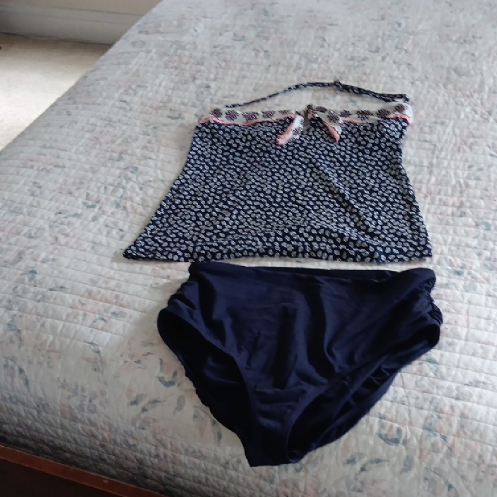 Anne Cole Navy Printed Tankini with Pink Trim